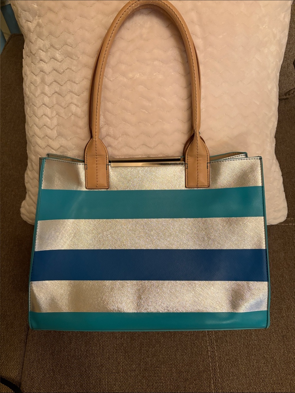 Striped Teal, Navy & Metallic Tote with Tan Handles